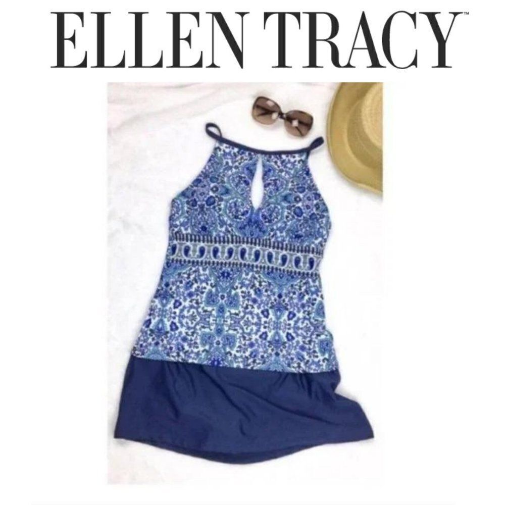 Ellen Tracy High-Neck key hole tankini top skirted swim bottom 2 piece s…